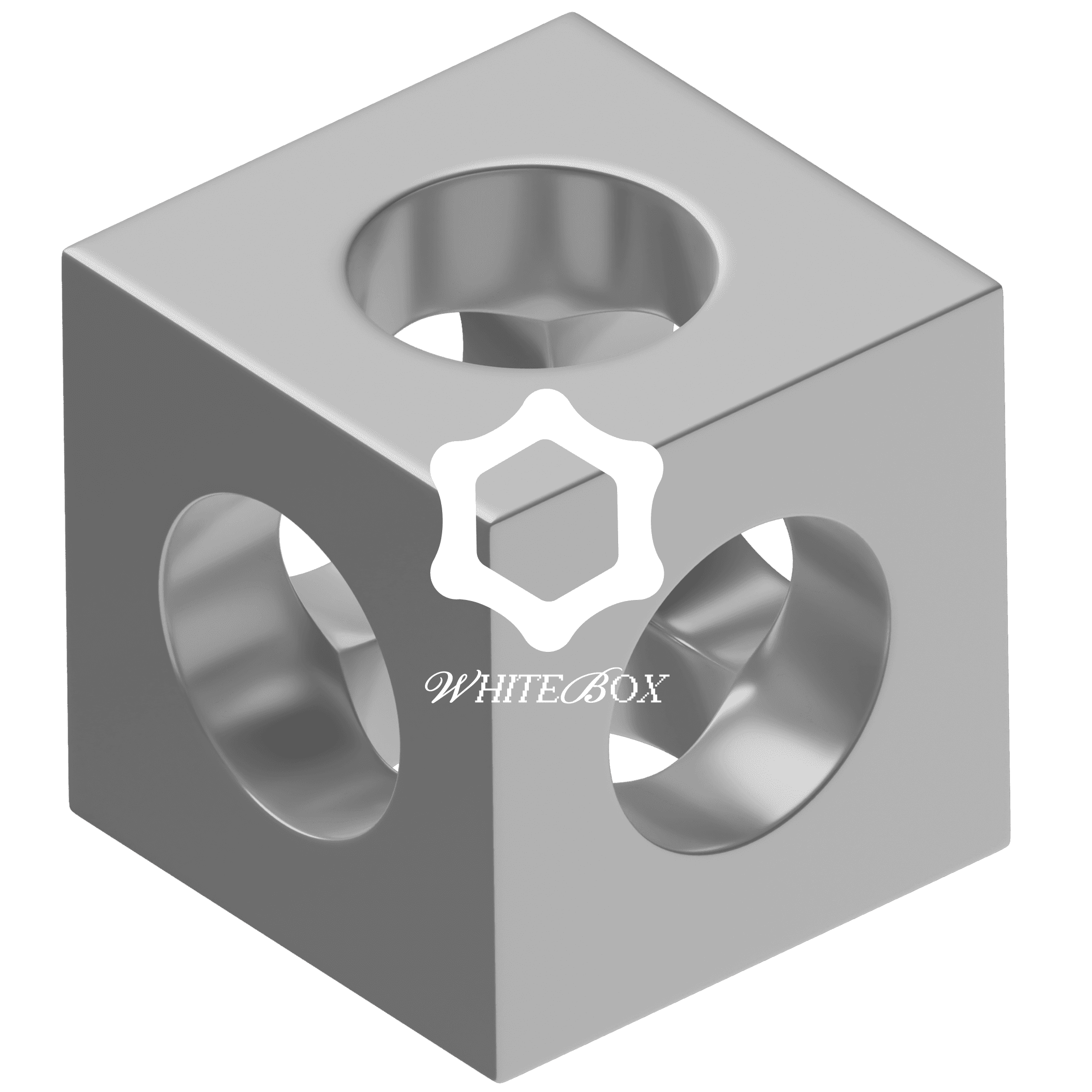 WhiteBox — silvery cube sculpture with hexagon mark